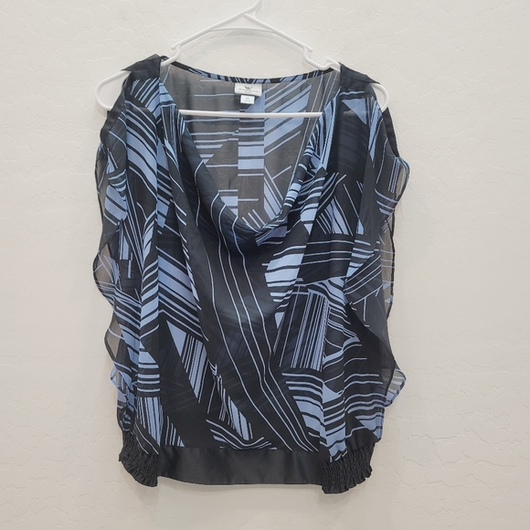 💕 Worthington Blue & Black Semi Sheer Blouse Top Women's Size Large Petite - Picture 2 of 10